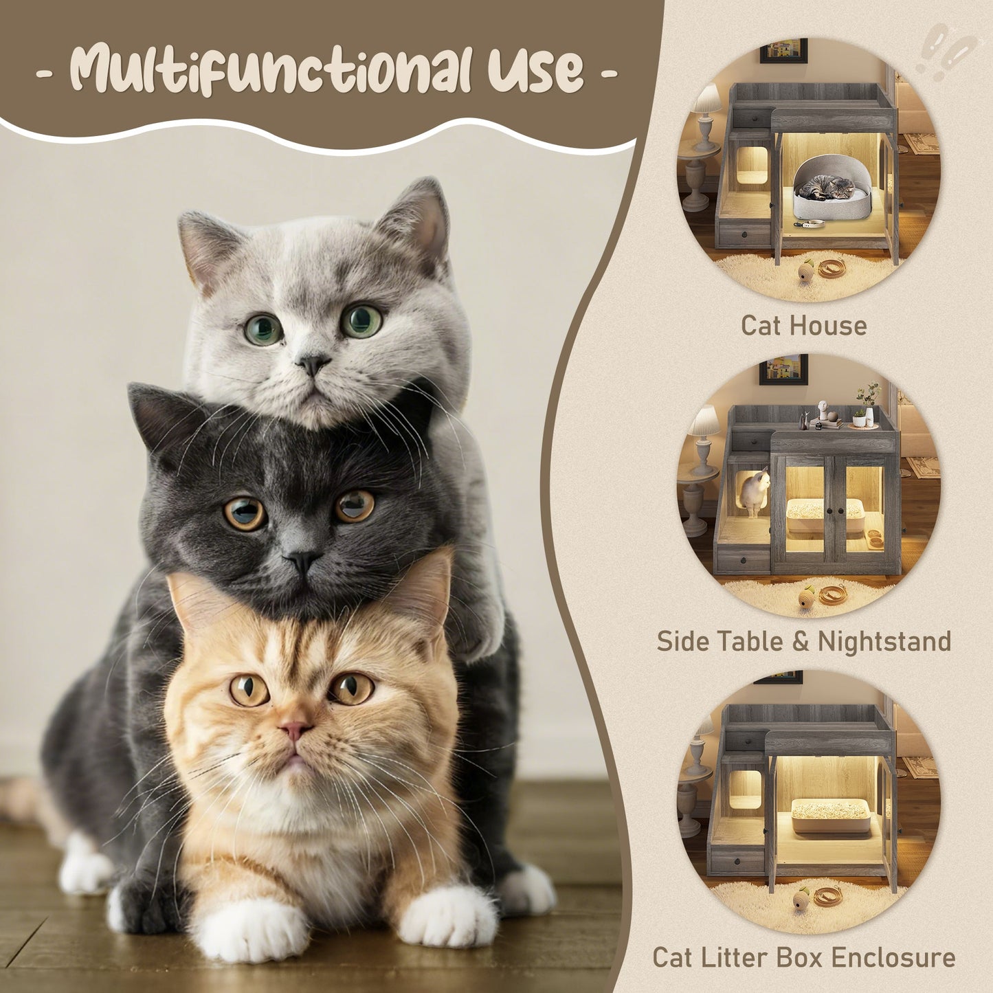Cat Litter Box Enclosure with Light , Hidden Litter Box Furniture