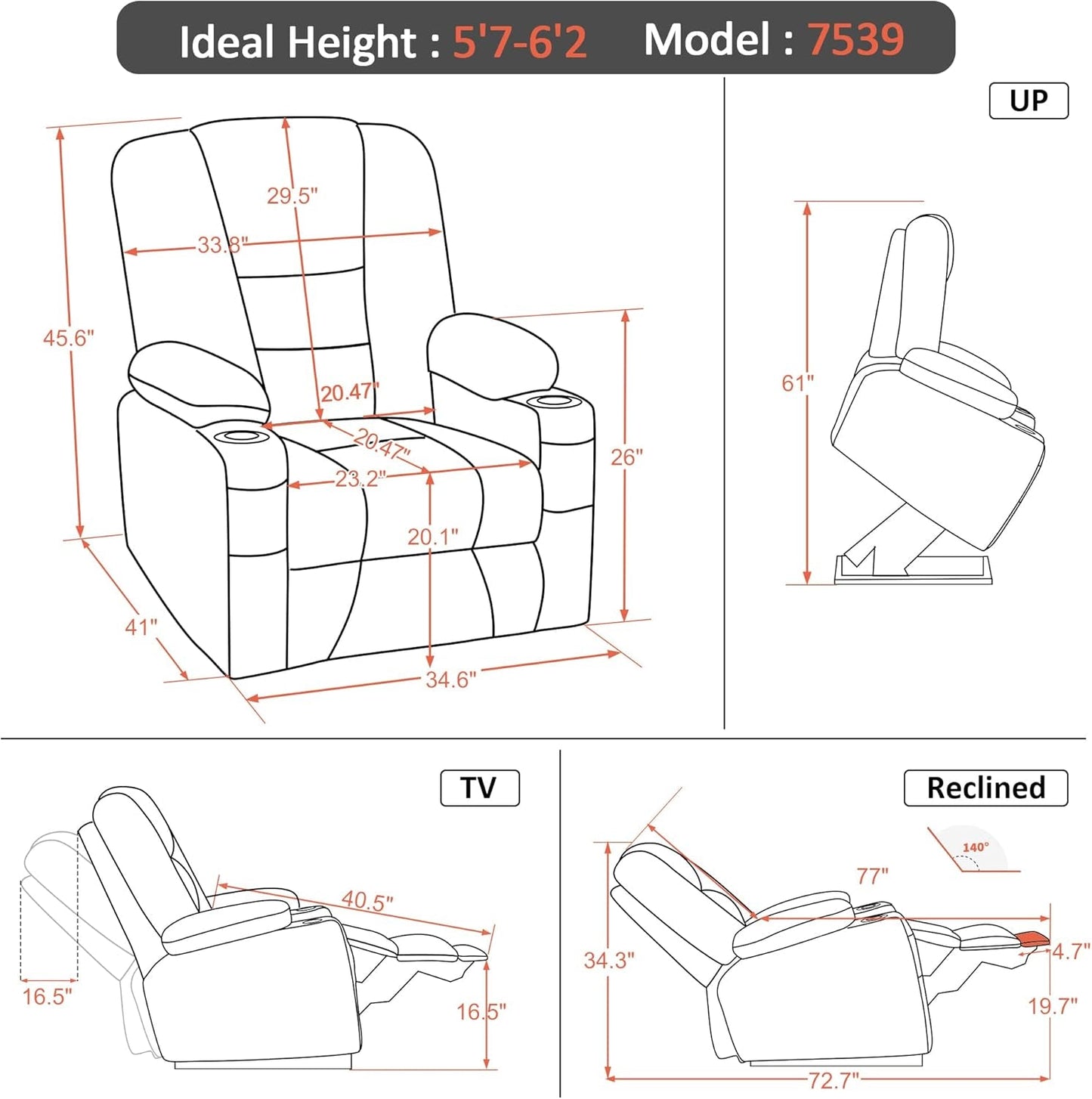 Large Power Lift Recliner Chair Sofa with Massage and Heat for Big and