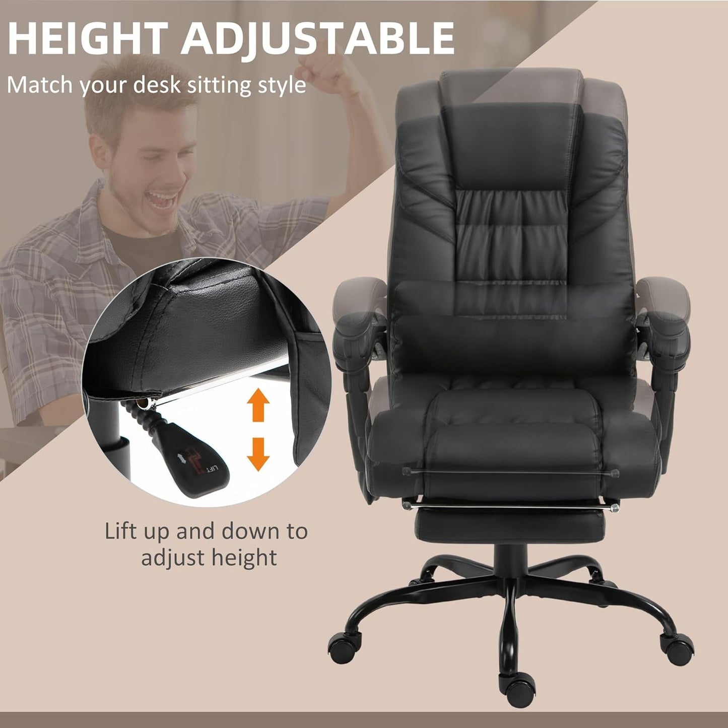 High Back Massage Office Chair with 6 Vibration Points, PU Leather