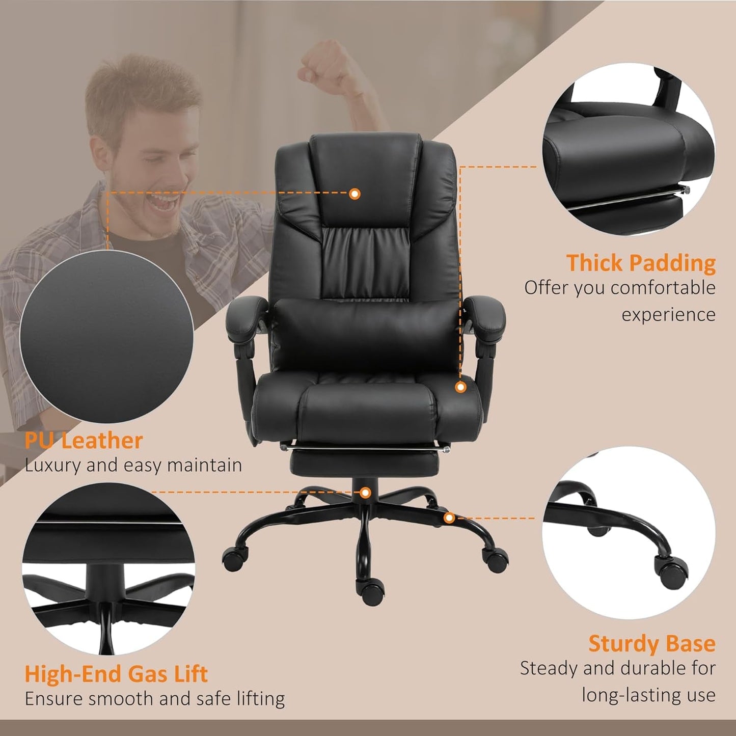 High Back Massage Office Chair with 6 Vibration Points, PU Leather