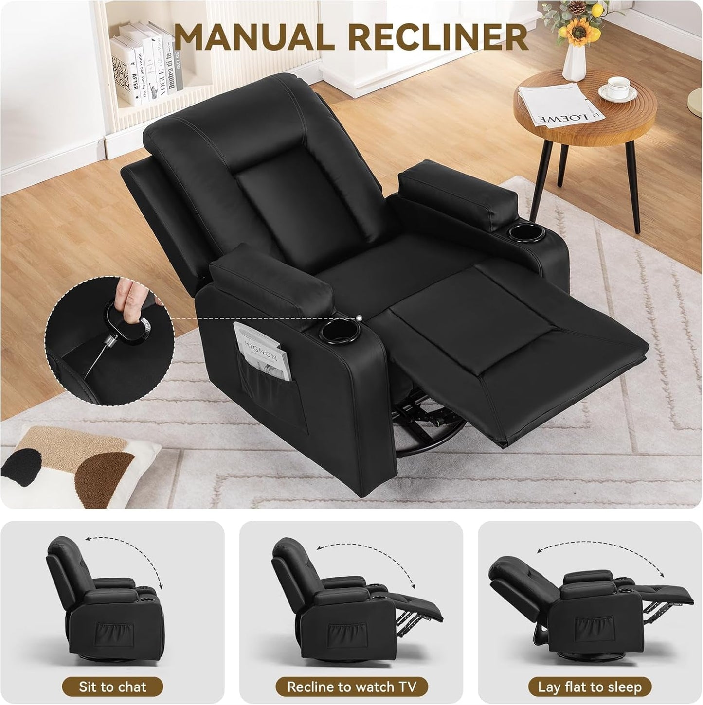 Recliner Chair, Swivel Rocker Recliners, Massage and Heat Reclining
