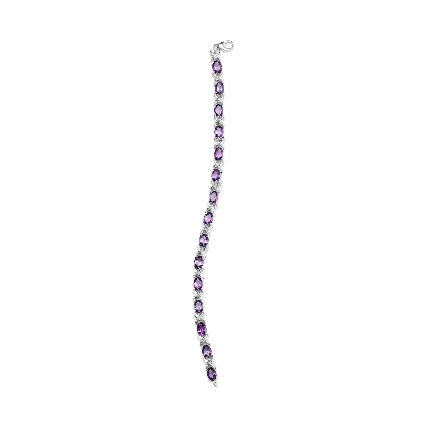 .925 Sterling Silver 7x5mm Oval Amethyst and Diamond Accent X-Link Bracelet (H-I Color, SI1-SI2 Clarity) - Size 7"