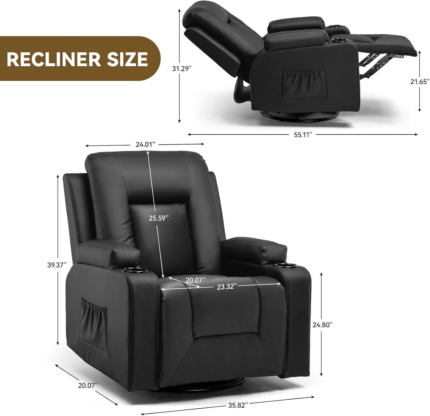Recliner Chair, Swivel Rocker Recliners, Massage and Heat Reclining