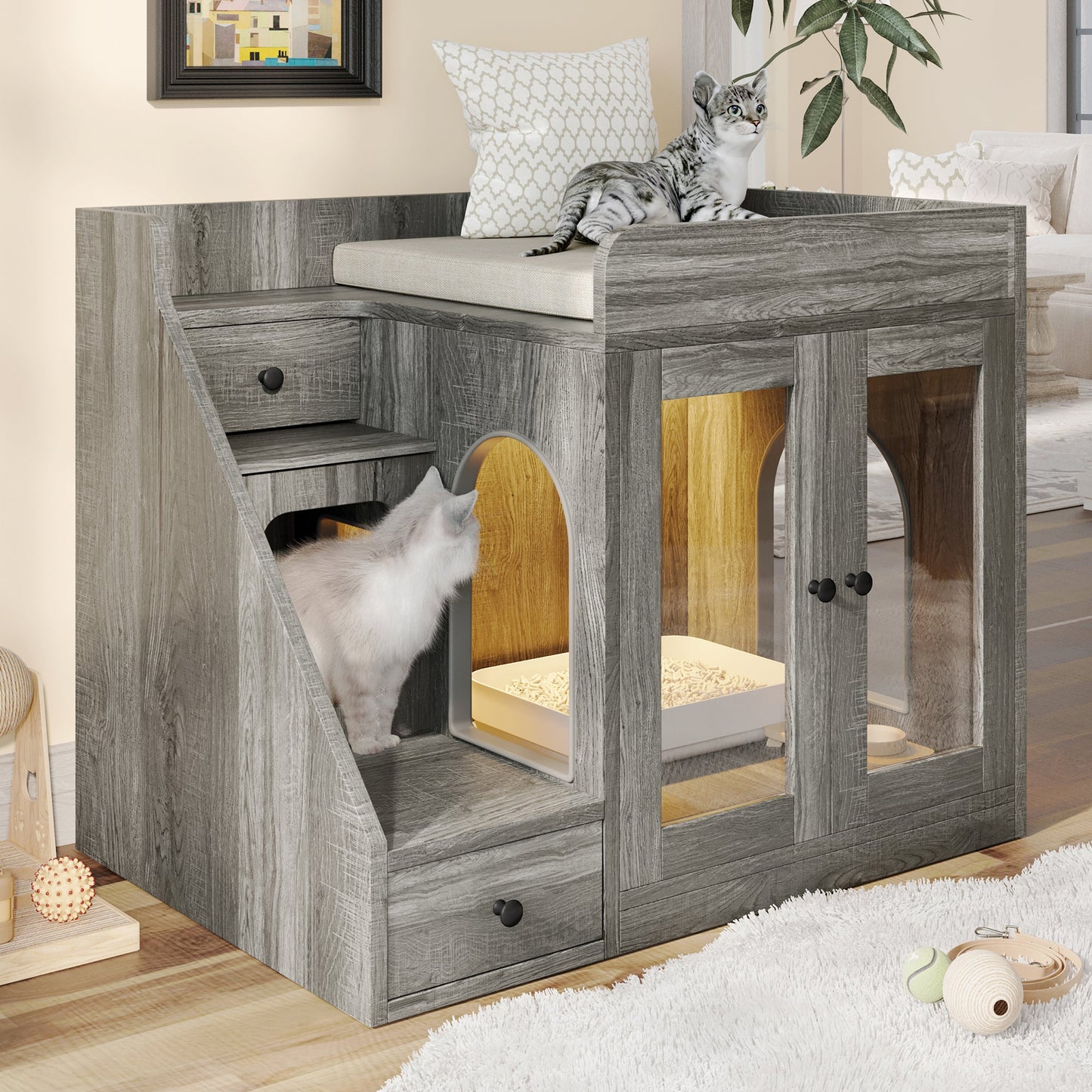 Cat Litter Box Enclosure with Light , Hidden Litter Box Furniture