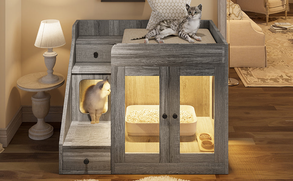 Cat Litter Box Enclosure with Light , Hidden Litter Box Furniture