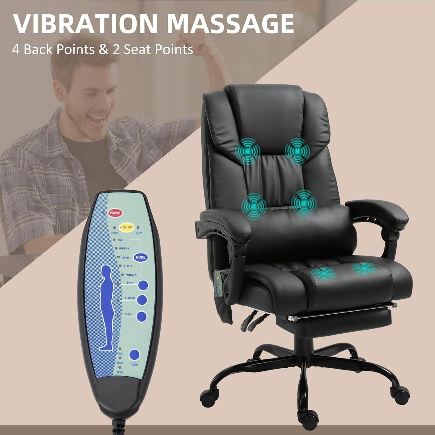 High Back Massage Office Chair with 6 Vibration Points, PU Leather