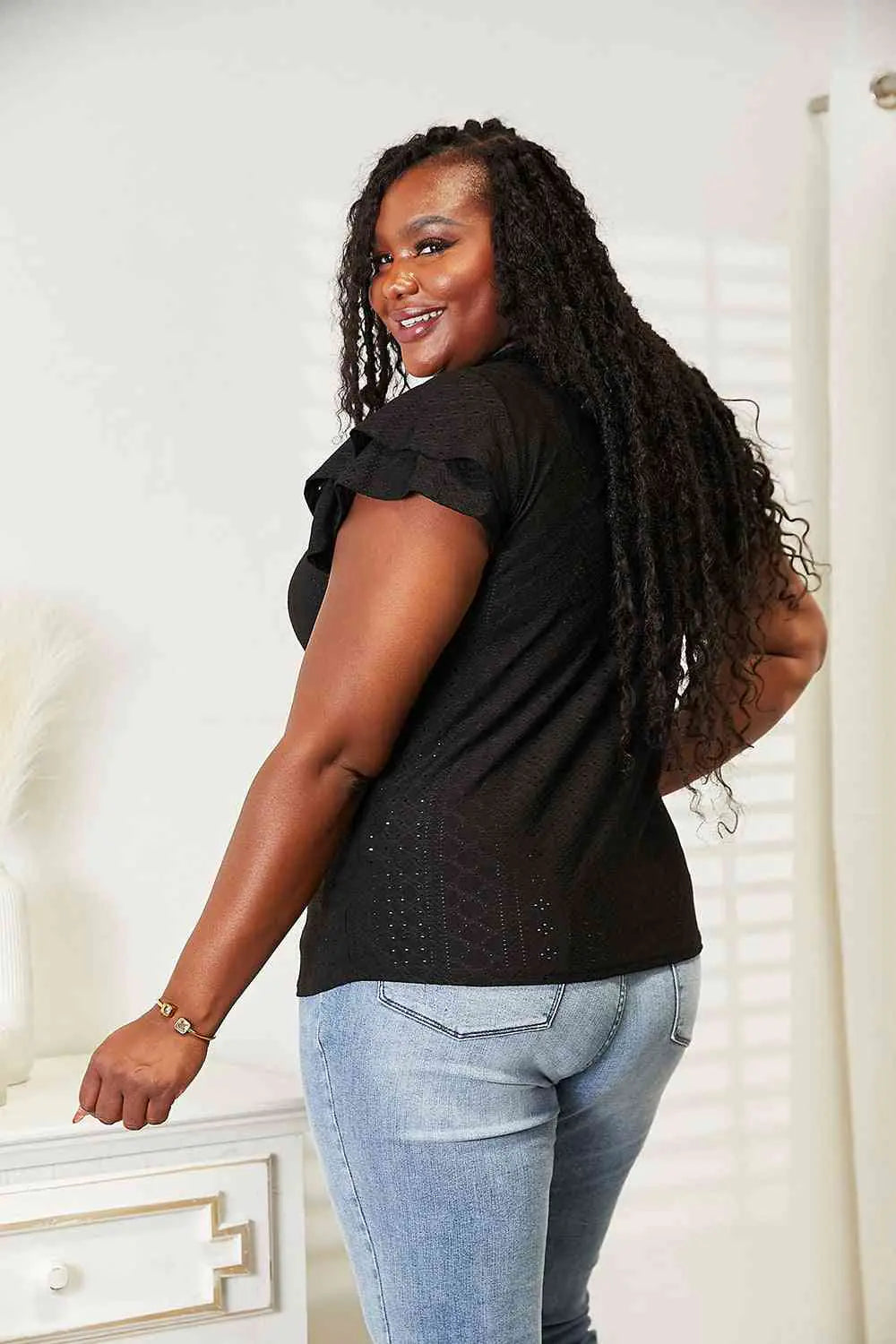 Elegant Eyelet Flutter Blouse