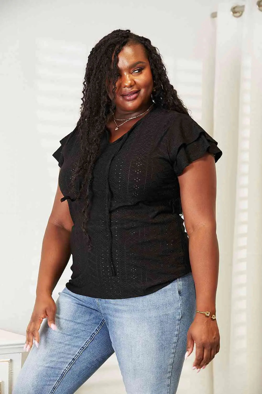 Elegant Eyelet Flutter Blouse