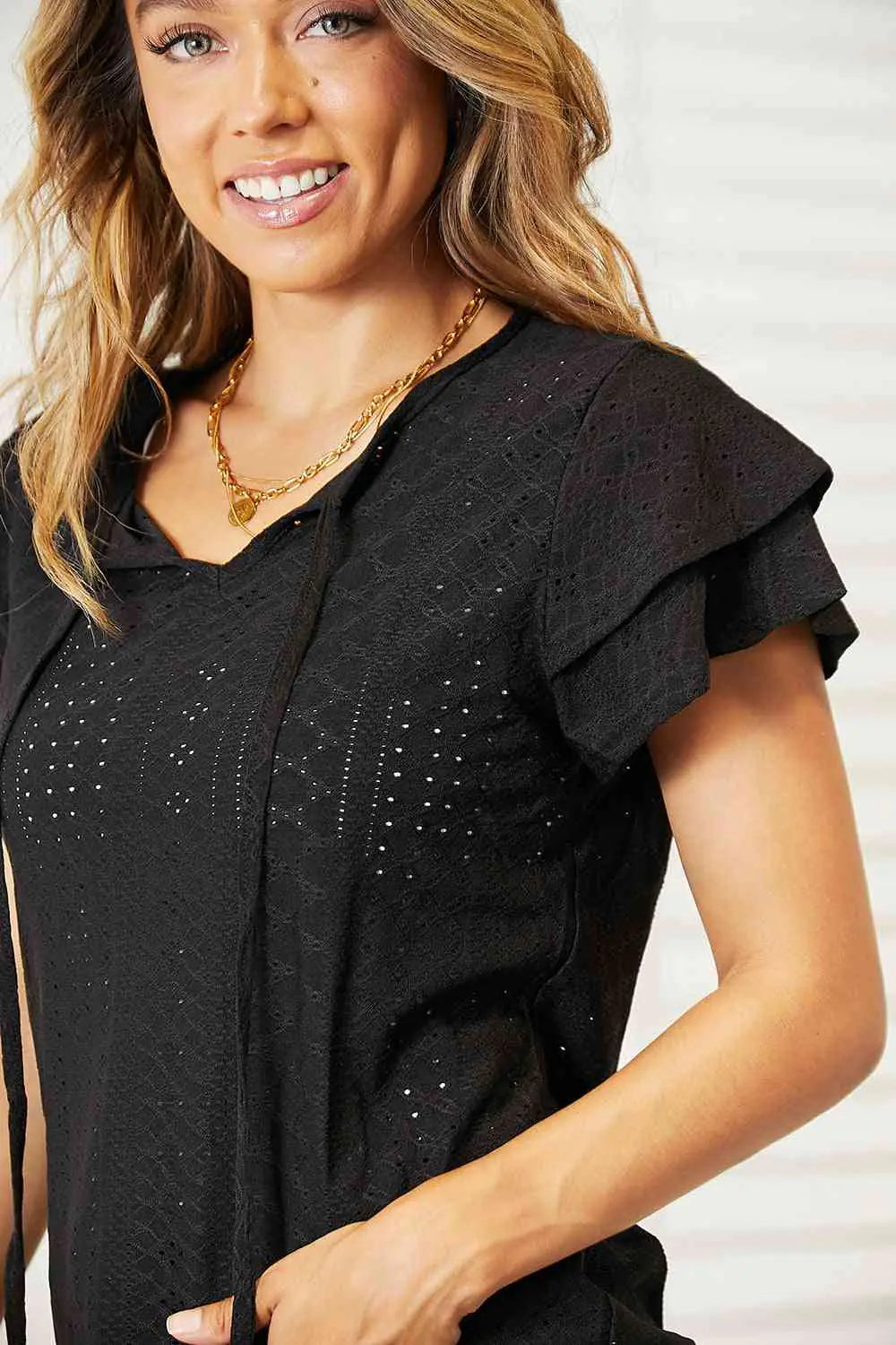 Elegant Eyelet Flutter Blouse