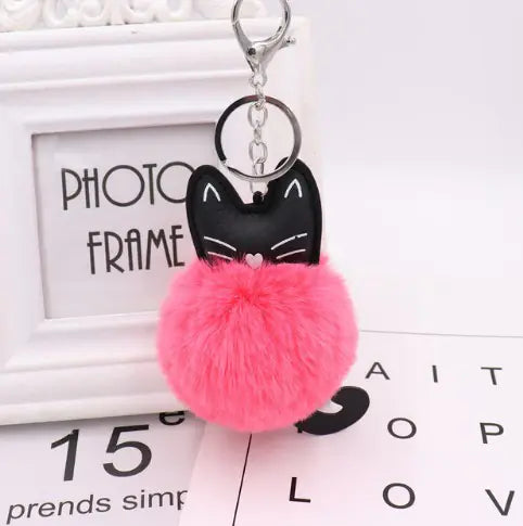 Black Cat Fur Ball Keychain Accessory