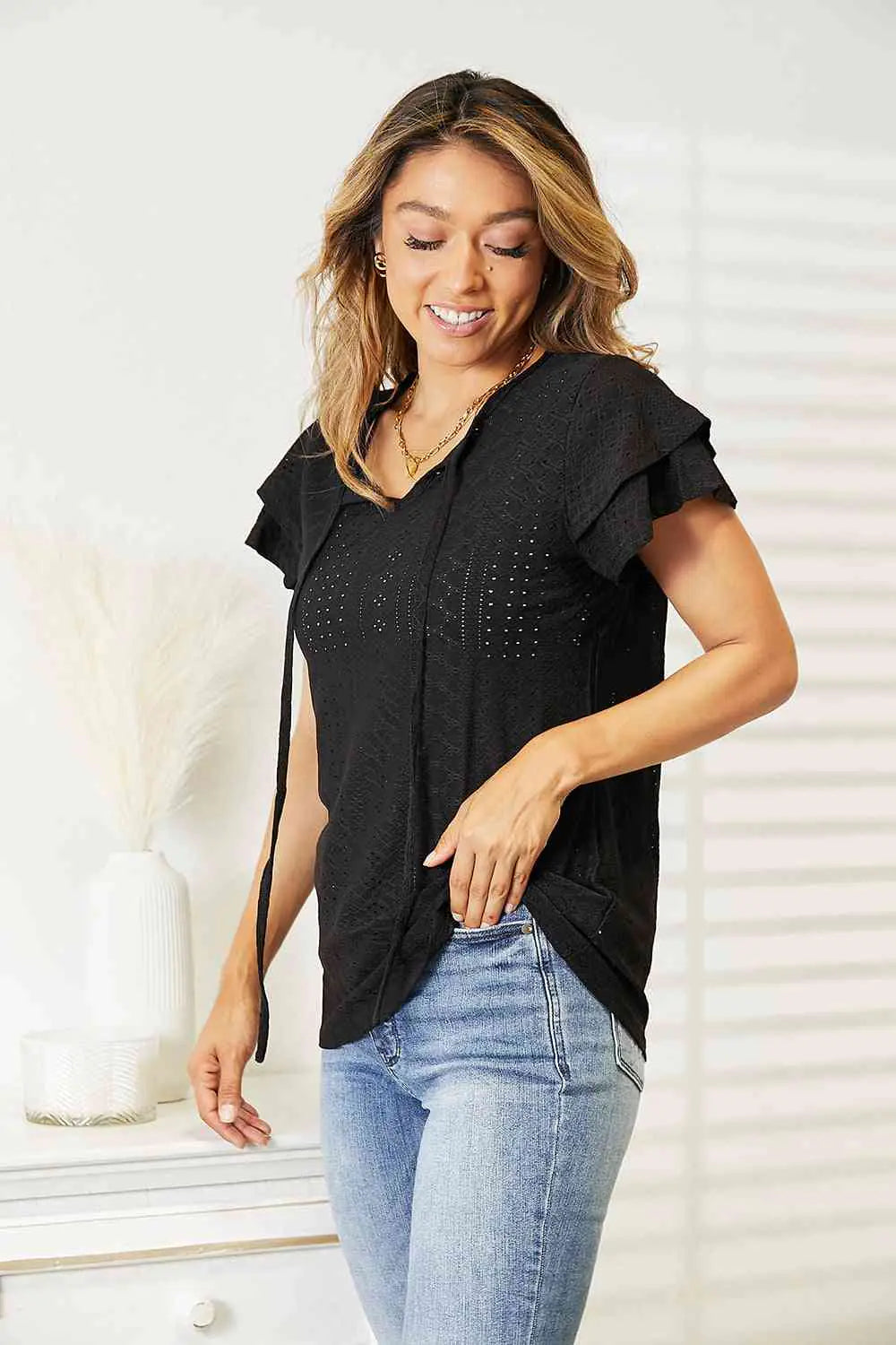 Elegant Eyelet Flutter Blouse
