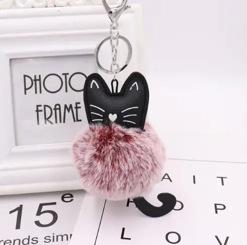 Black Cat Fur Ball Keychain Accessory