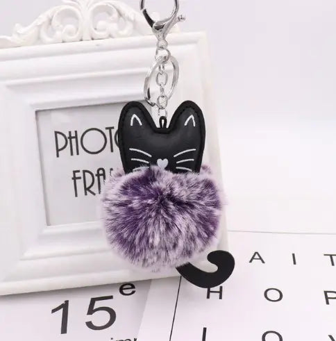 Black Cat Fur Ball Keychain Accessory