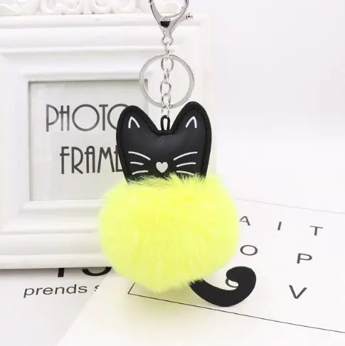 Black Cat Fur Ball Keychain Accessory