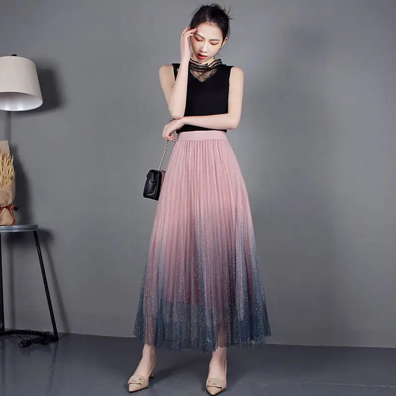 Stylish Mid-Length Pleated Mesh Skirt