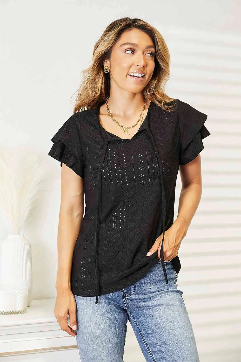 Elegant Eyelet Flutter Blouse