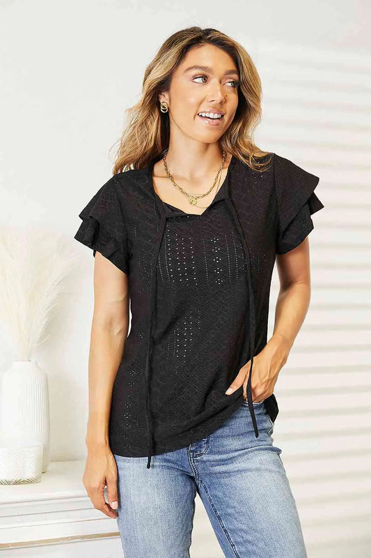 Elegant Eyelet Flutter Blouse