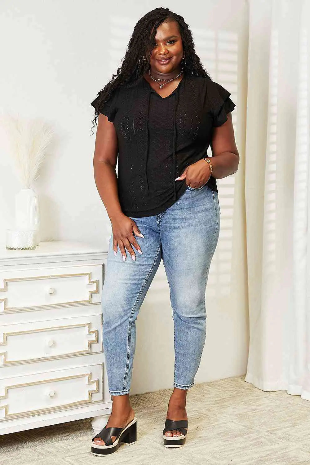 Elegant Eyelet Flutter Blouse