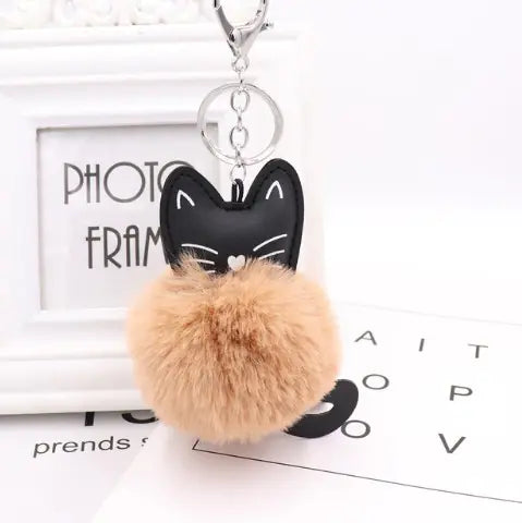 Black Cat Fur Ball Keychain Accessory