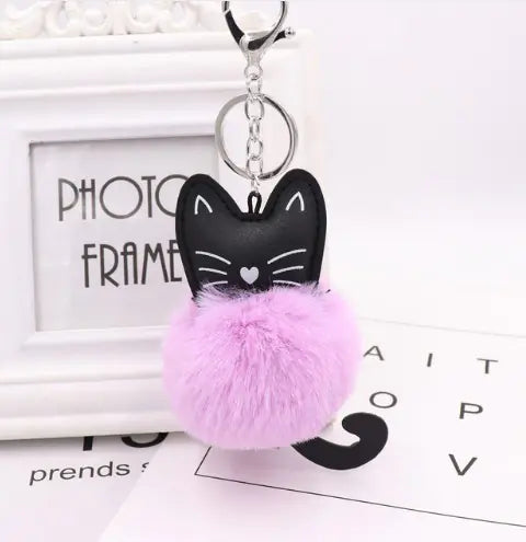 Black Cat Fur Ball Keychain Accessory