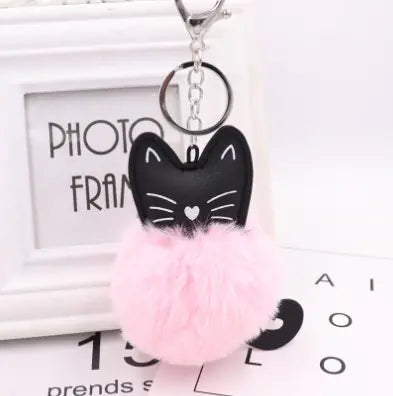 Black Cat Fur Ball Keychain Accessory