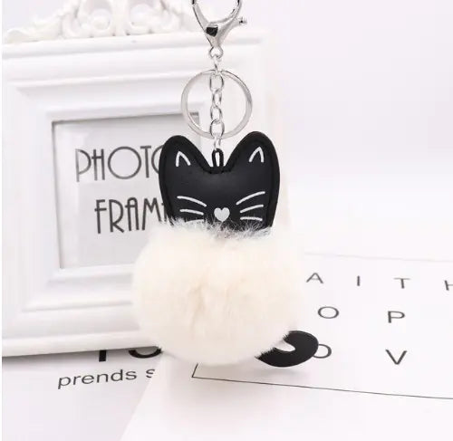 Black Cat Fur Ball Keychain Accessory
