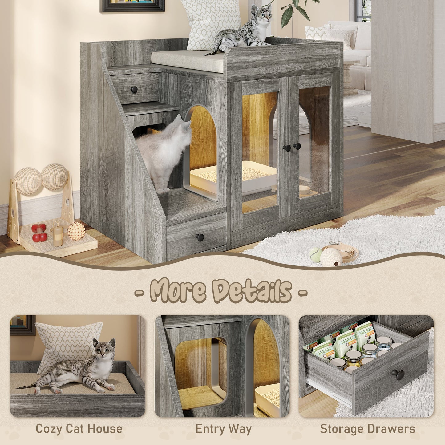 Cat Litter Box Enclosure with  Light , Hidden Litter Box Furniture