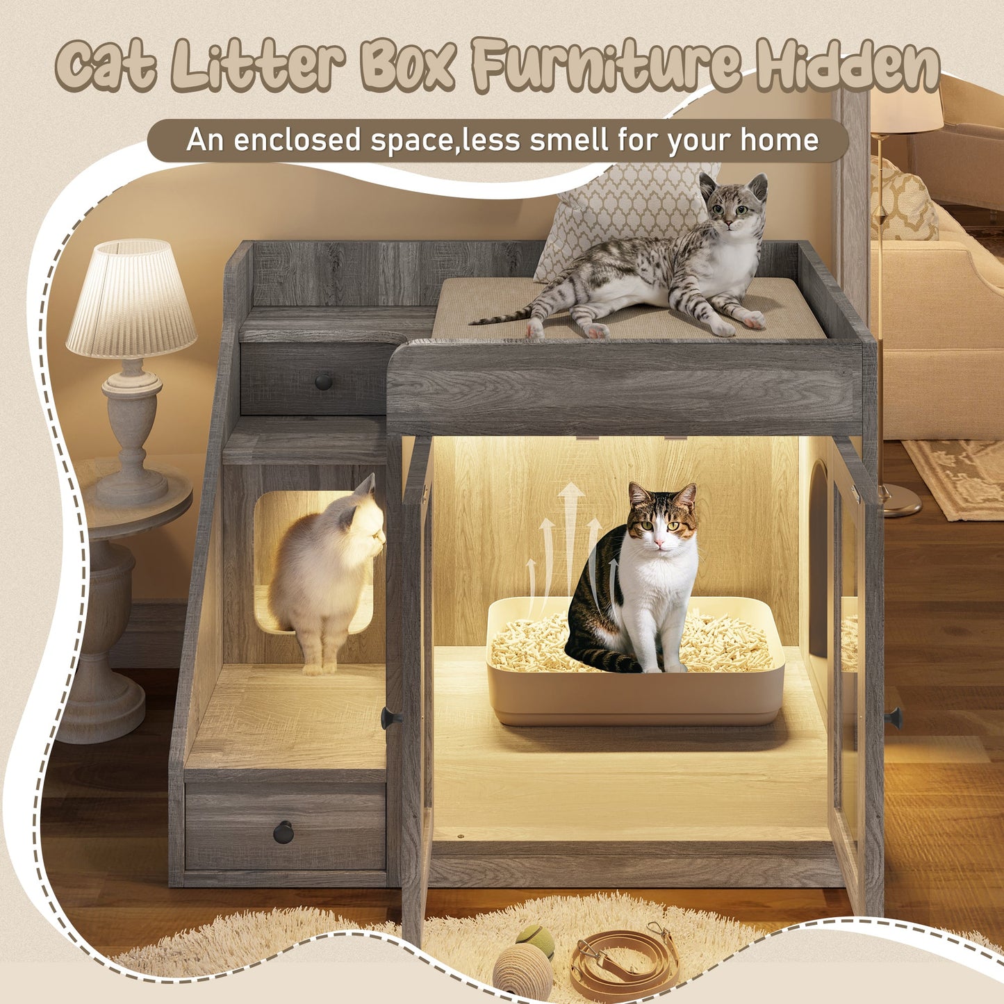 Cat Litter Box Enclosure with  Light , Hidden Litter Box Furniture