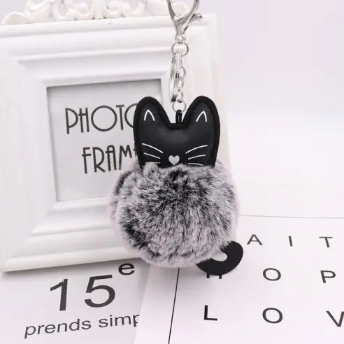 Black Cat Fur Ball Keychain Accessory
