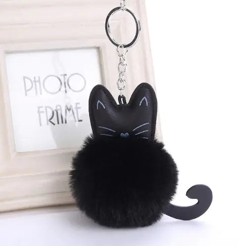 Black Cat Fur Ball Keychain Accessory