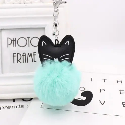 Black Cat Fur Ball Keychain Accessory