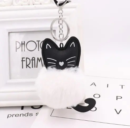 Black Cat Fur Ball Keychain Accessory