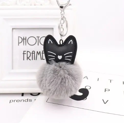 Black Cat Fur Ball Keychain Accessory
