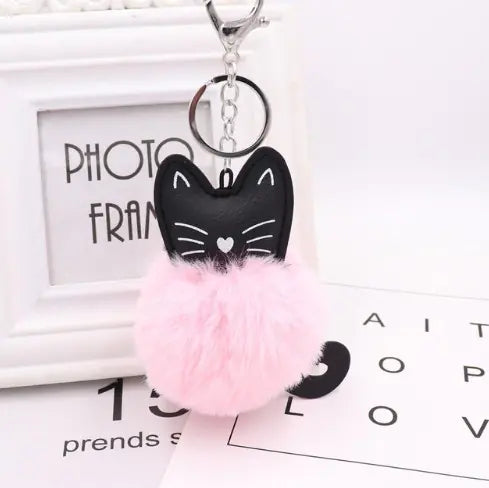 Black Cat Fur Ball Keychain Accessory