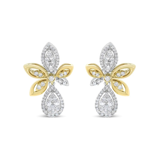 14K White and Yellow Gold 1.00 Cttw Round Pave-Set Diamond Teardrop and Marquise Shape Drop Dangle Earrings (H-I Color, SI1-SI2 Clarity)
