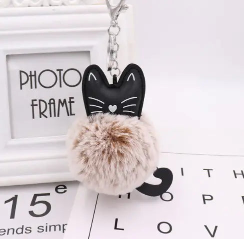Black Cat Fur Ball Keychain Accessory